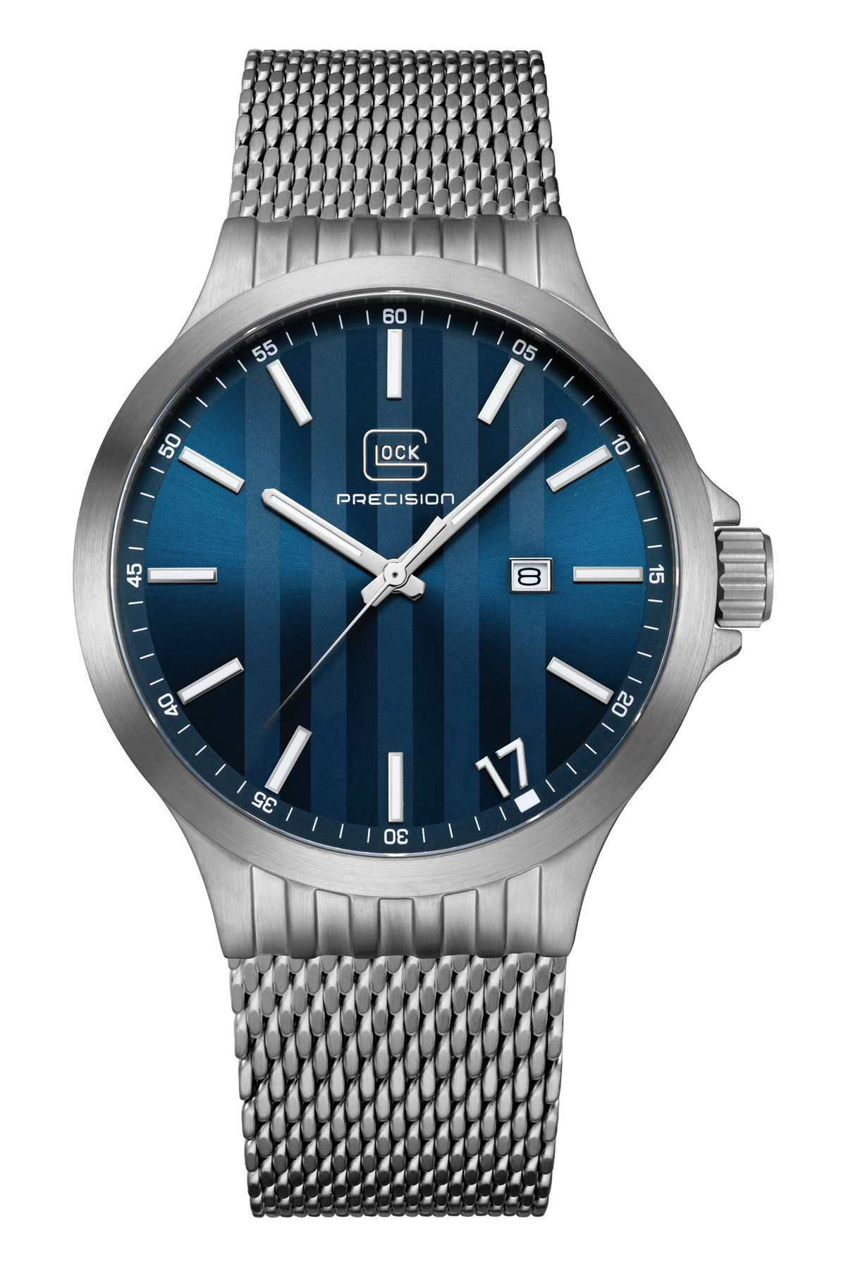 Front view of GLOCK GW-12-4-24 with a blue vertically textured dial, silver-tone case and silver-tone mesh bracelet.