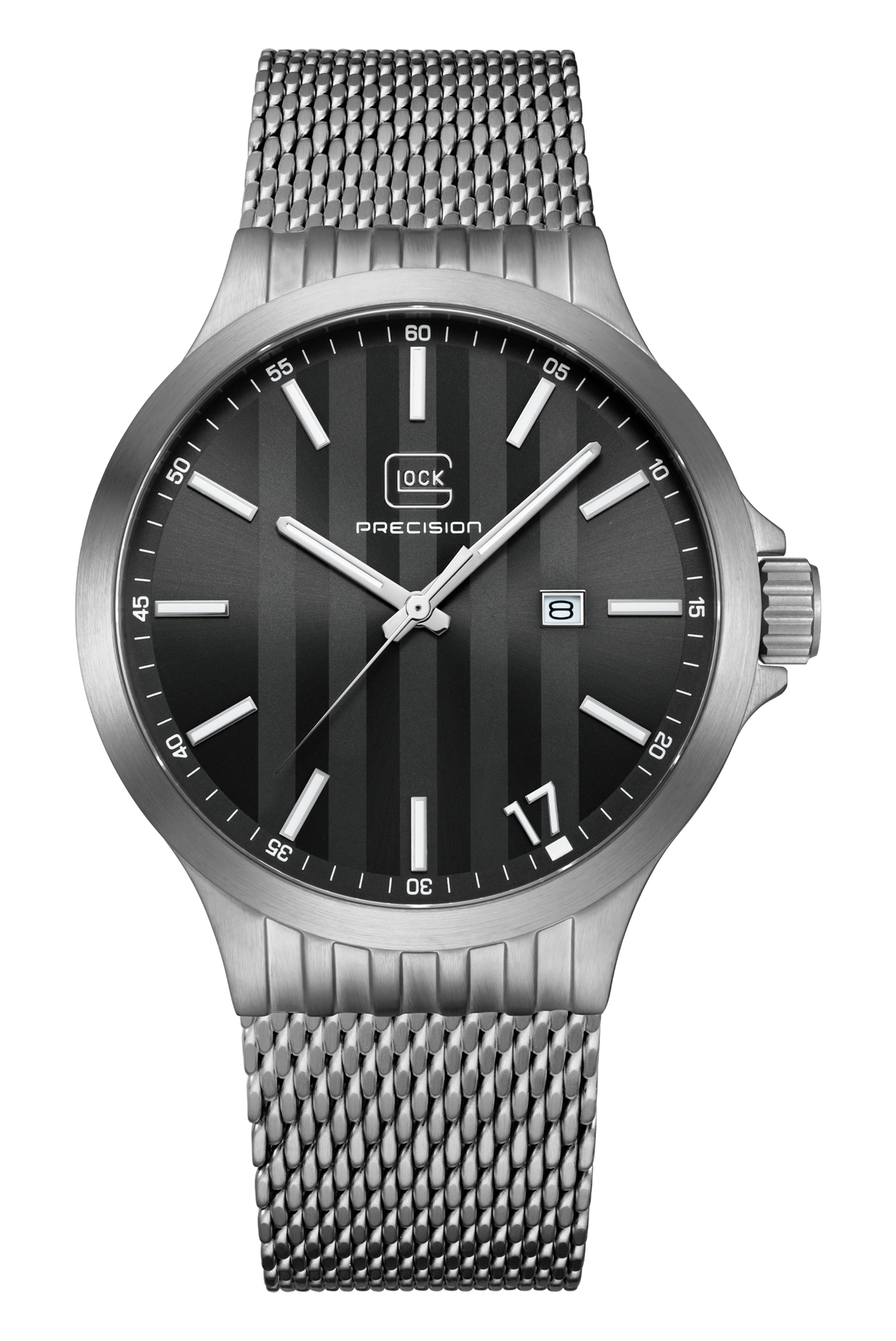Front view of GLOCK GW-12-5-24 with a black vertically textured dial, silver-tone case and silver-tone mesh bracelet.