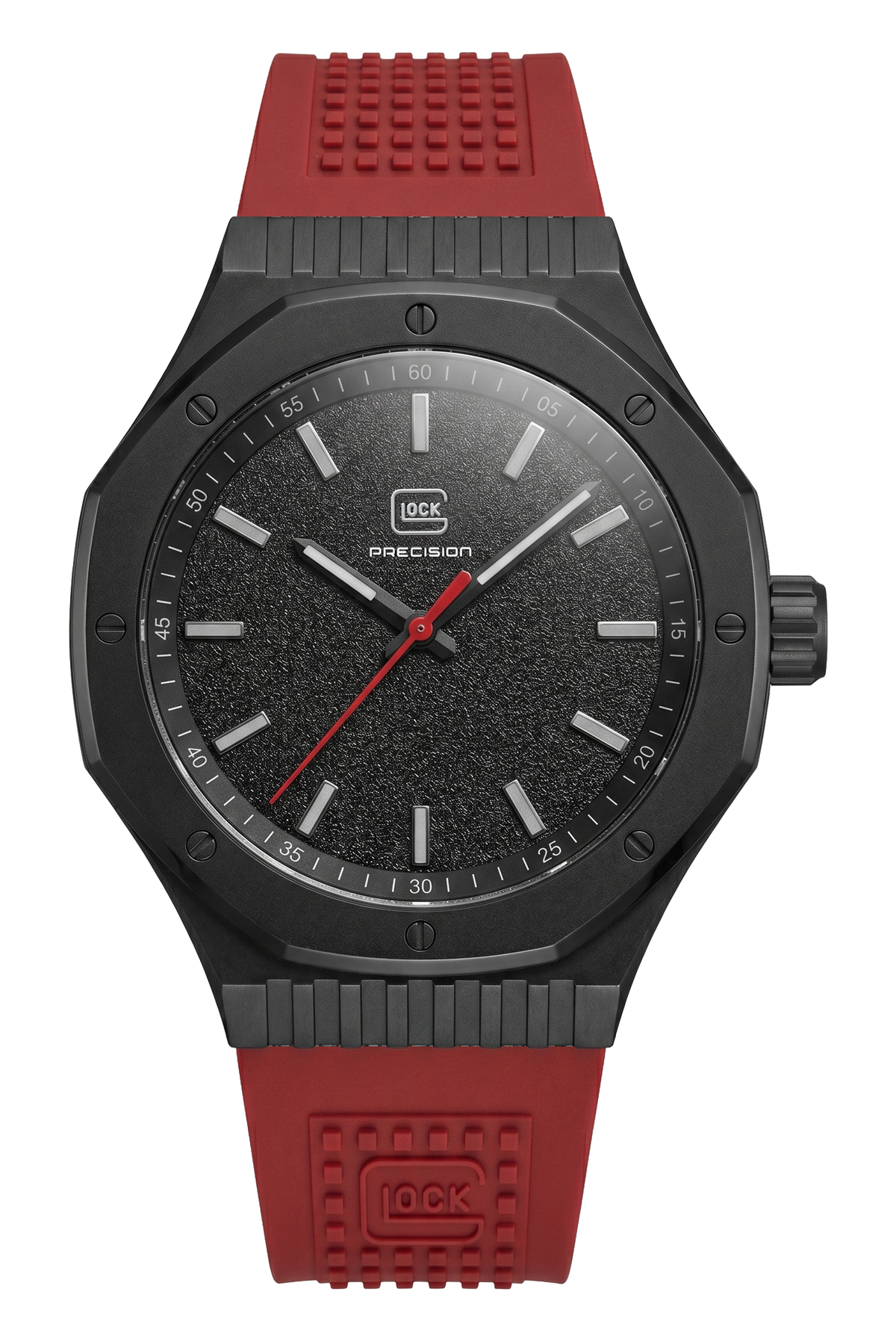 Front view of GLOCK GW-22-4-24 with a black dial with red seconds hand, black case and red textured strap.