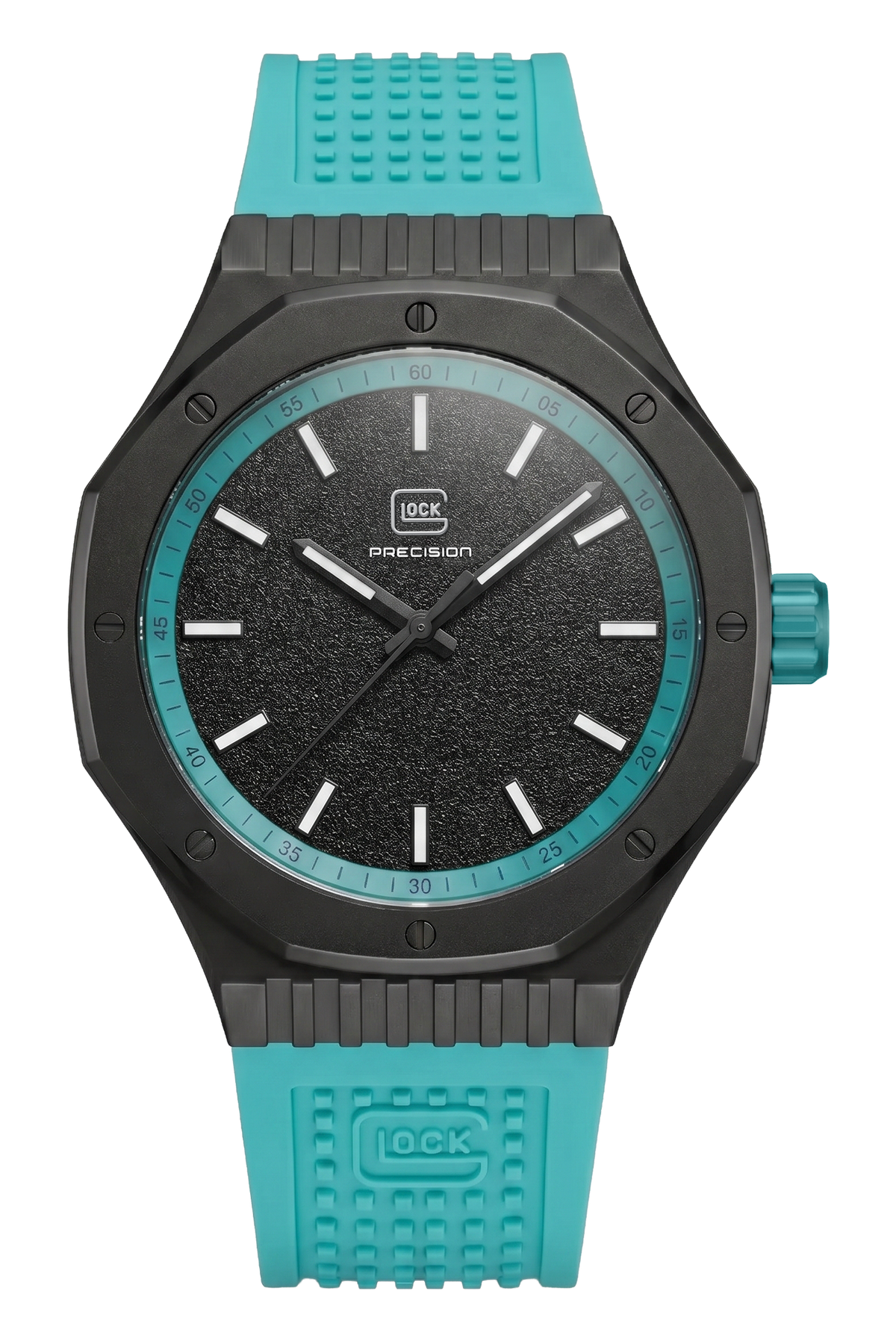 Front view of GLOCK GW-22-5-24 with a black dial with turquoise ring, black case and turquoise textured strap.