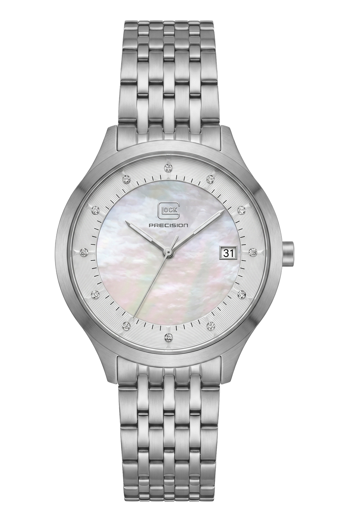 Front view of GLOCK GW-30-1-18 with a mother-of-pearl dial, silver-tone case and silver-tone link bracelet.