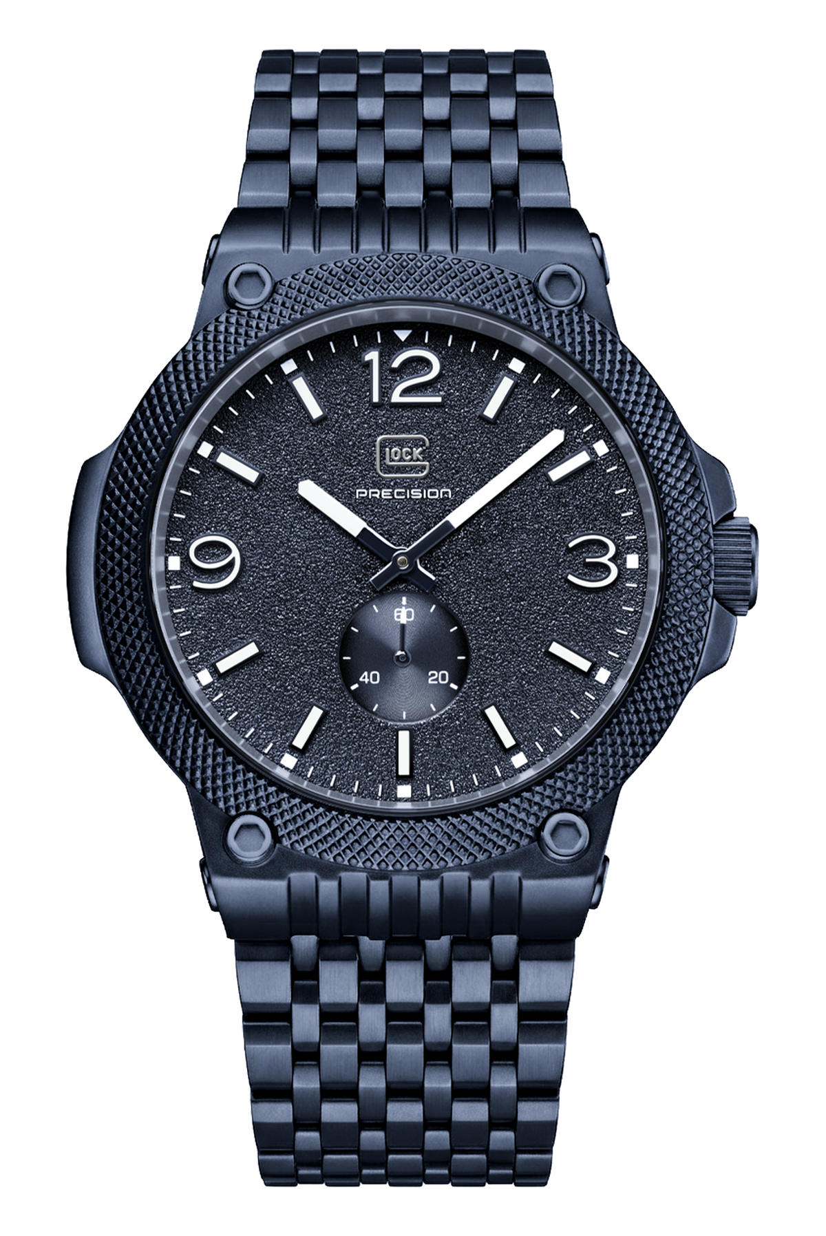 Front view of GLOCK GW-43-9-24 with a blue dial, blue textured case and blue link bracelet.