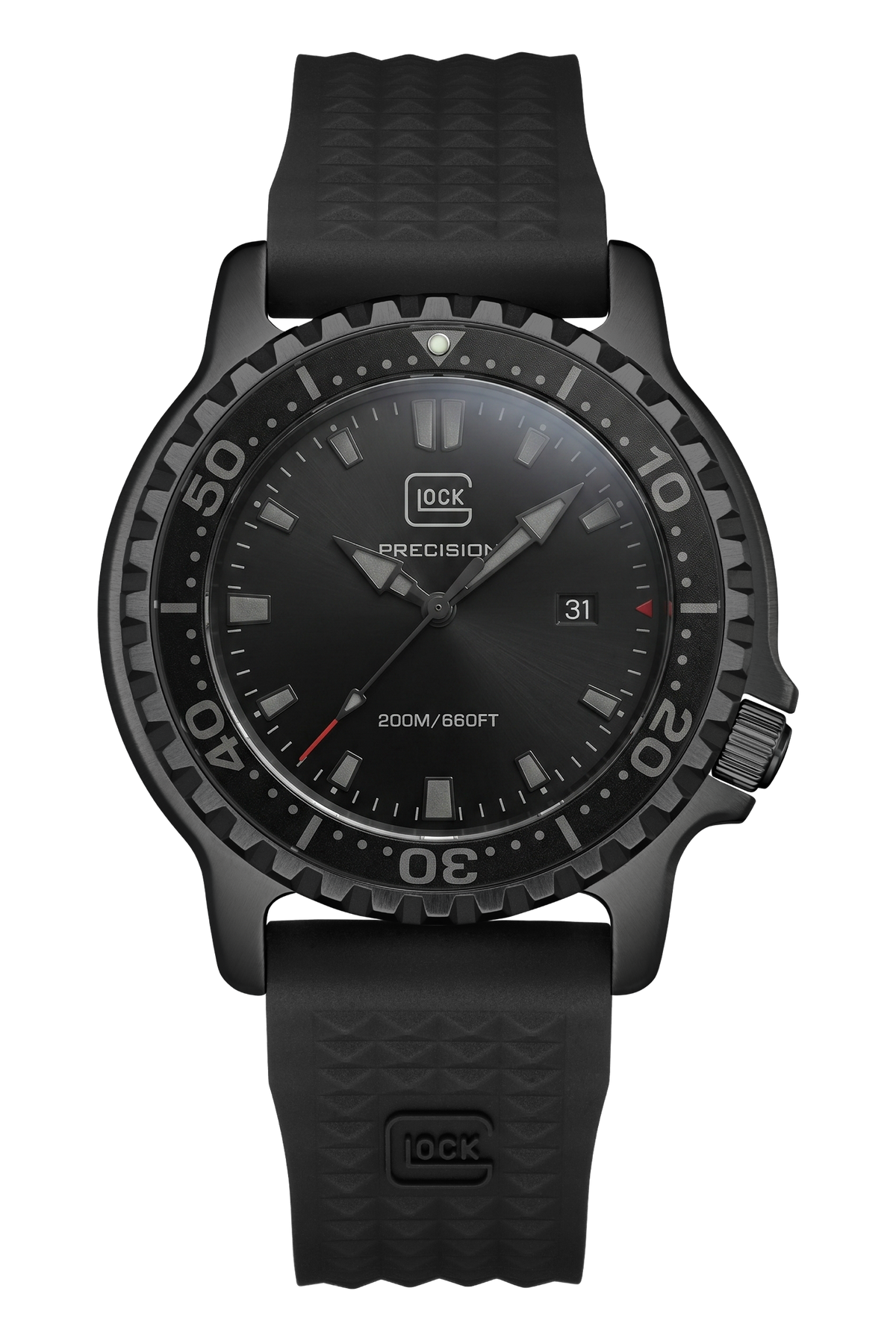 Front view of GLOCK GW-44-5-22 with a black dial, black diver bezel and black textured strap.