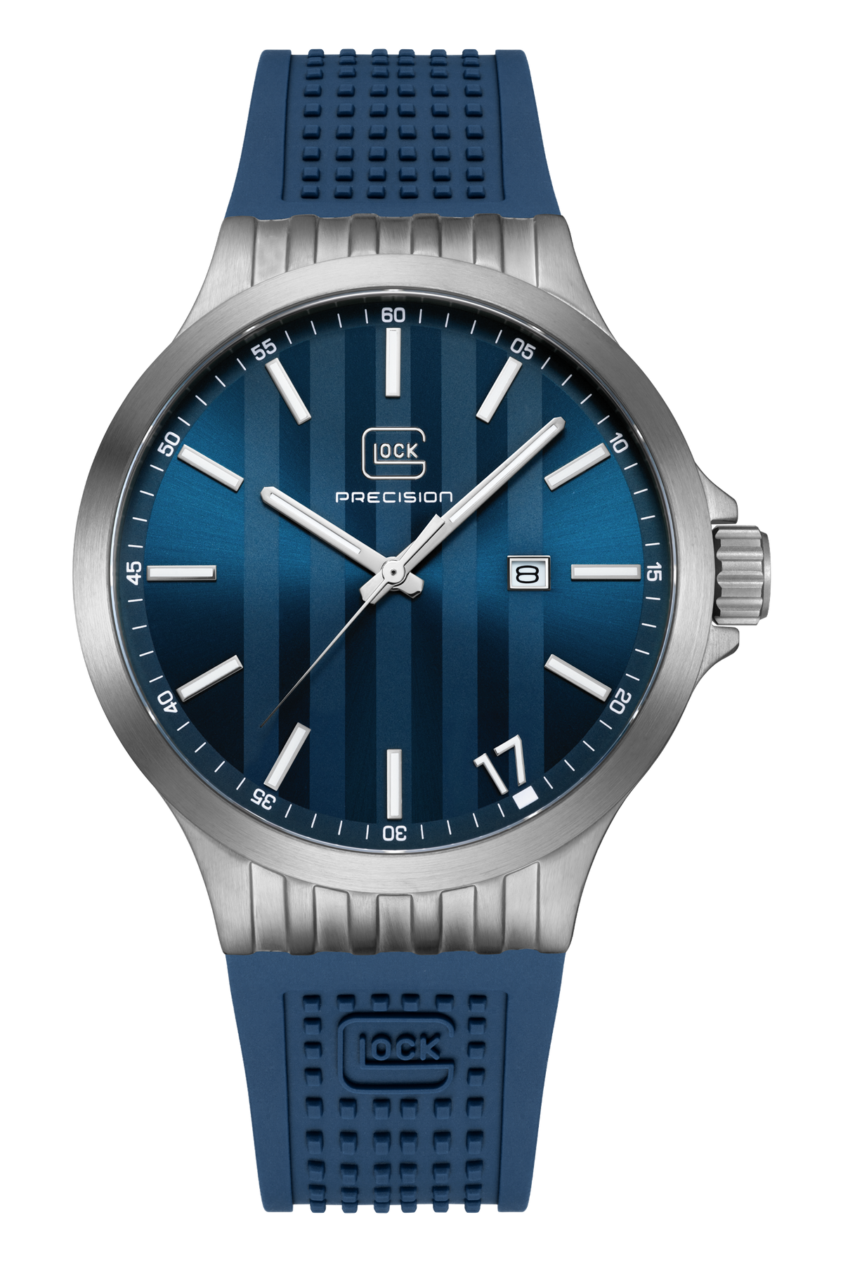 Front view of GLOCK GW-12-6-24 with a blue vertically textured dial, silver-tone case and blue textured strap.