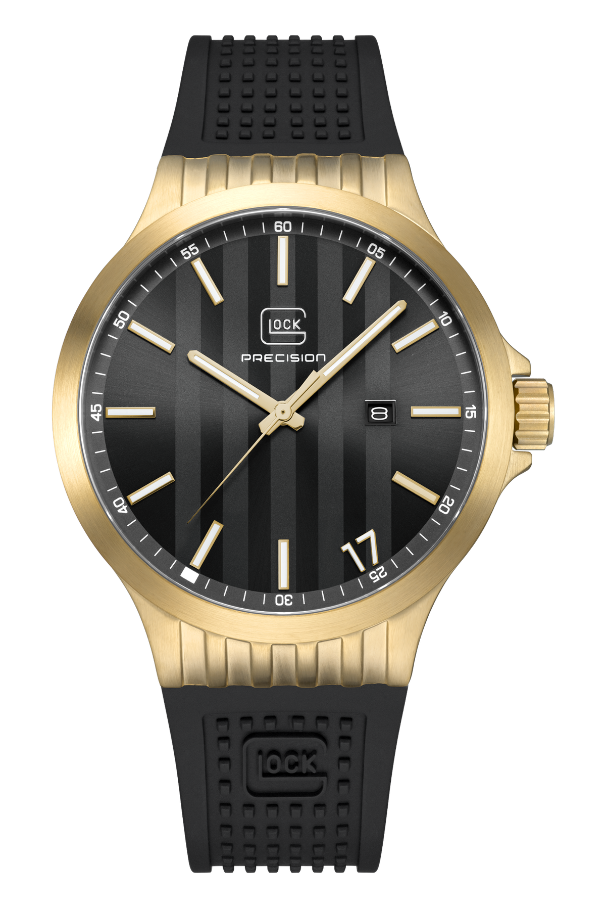 Front view of GLOCK GW-12-7-24 with a black vertically textured dial, gold-tone case and black textured strap.