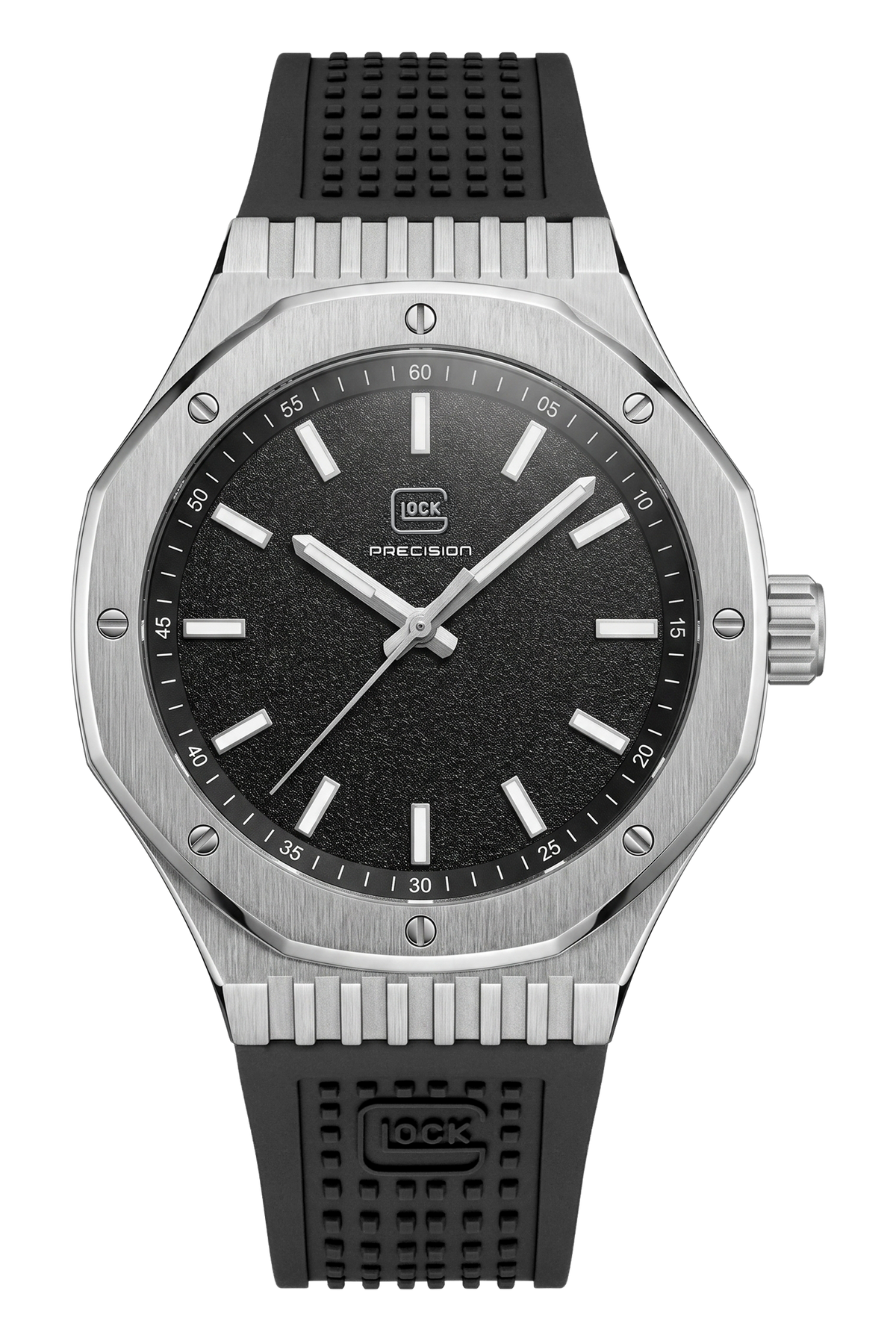 Front view of GLOCK GW-22-1-24 with a black dial, silver-tone case with screw-set bezel and black textured strap.