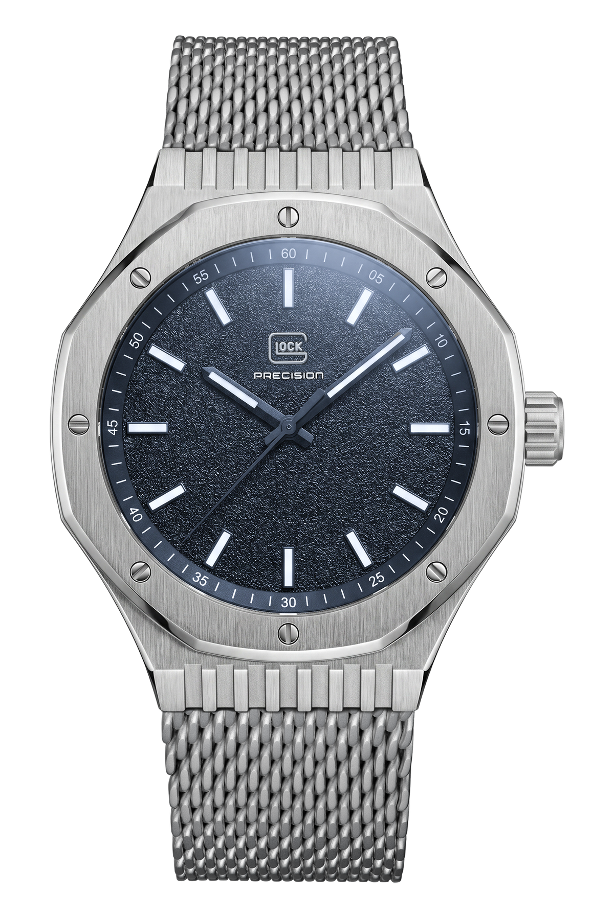 Front view of GLOCK GW-22-2-24 with a navy blue dial, silver-tone case with screw-set bezel and silver-tone mesh bracelet.
