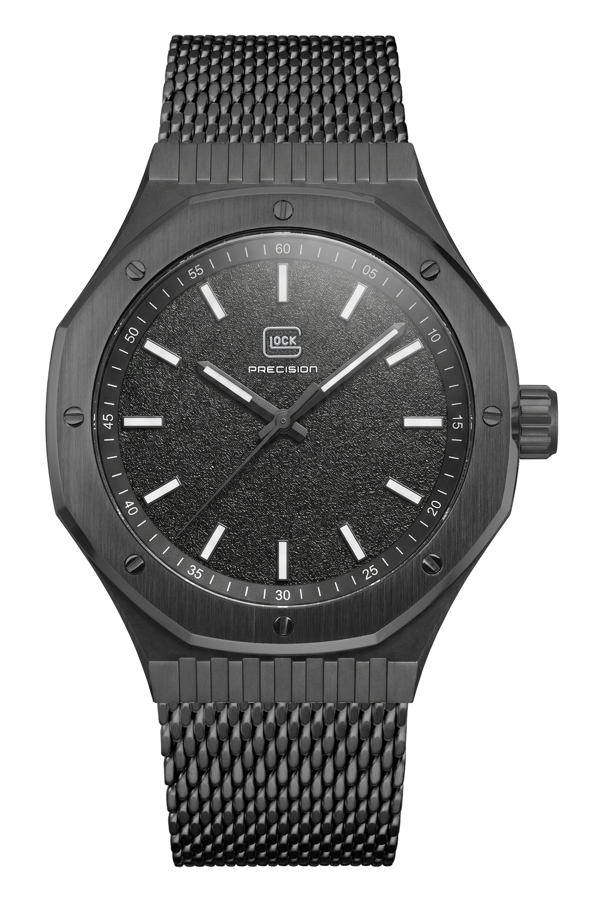 Front view of GLOCK GW-22-3-24 with a black dial, black case and black mesh bracelet.