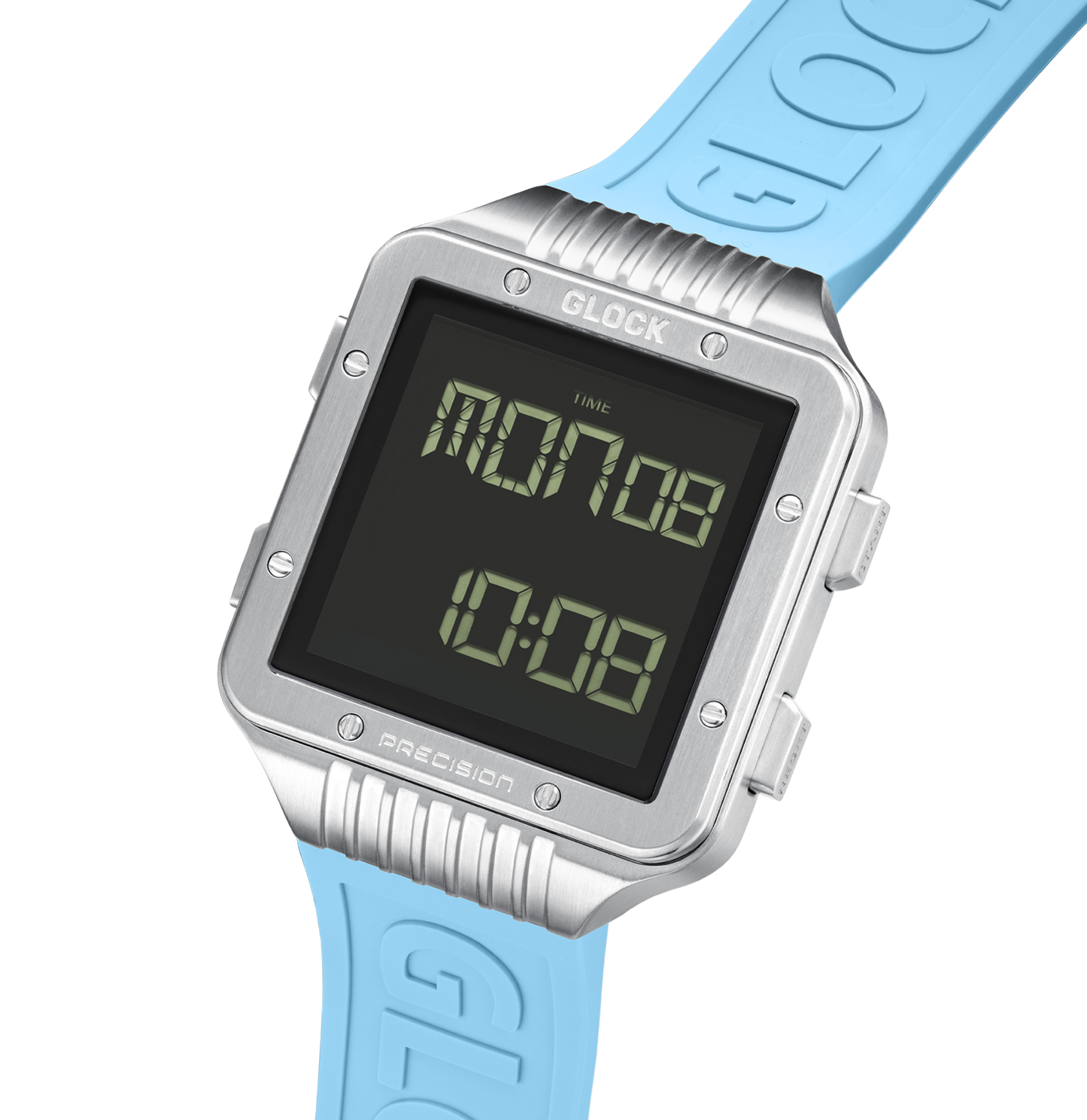 GLOCK Watch GW-23-3-22 Light Blue Silicone Strap with GLOCK Lettering Half Side View