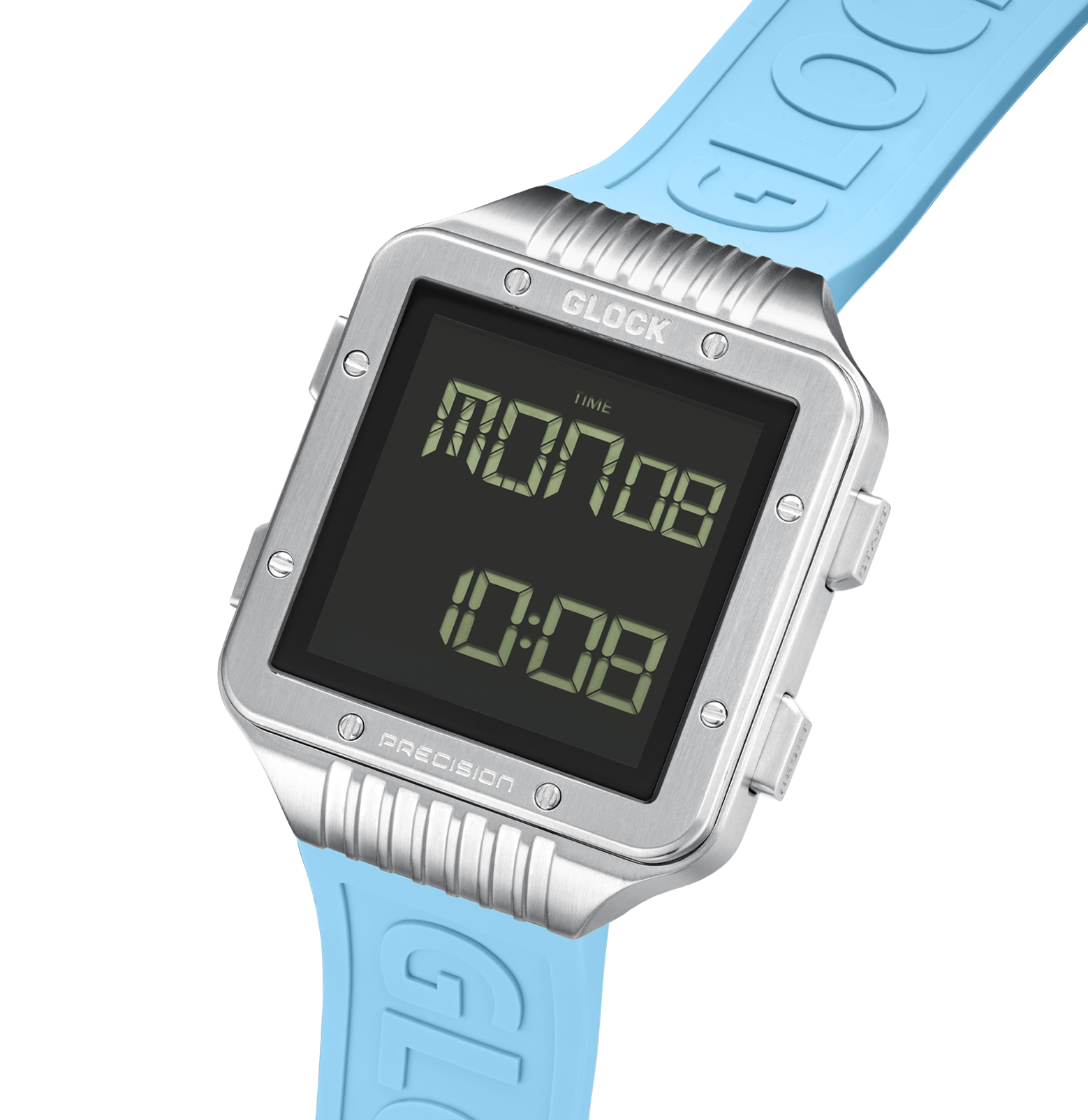 GLOCK Watch GW-23-3-22 Light Blue Silicone Strap with GLOCK Lettering Half Side View