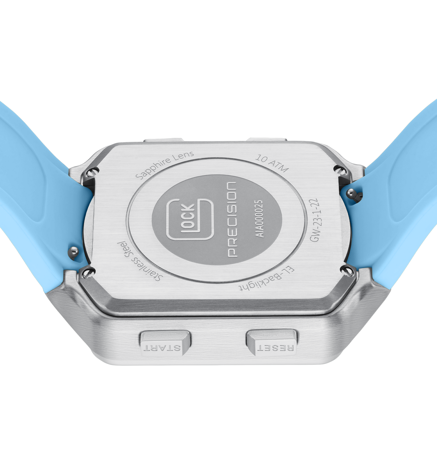 GLOCK Watch GW-23-3-22 Light Blue Silicone Strap with GLOCK Lettering Case Back View