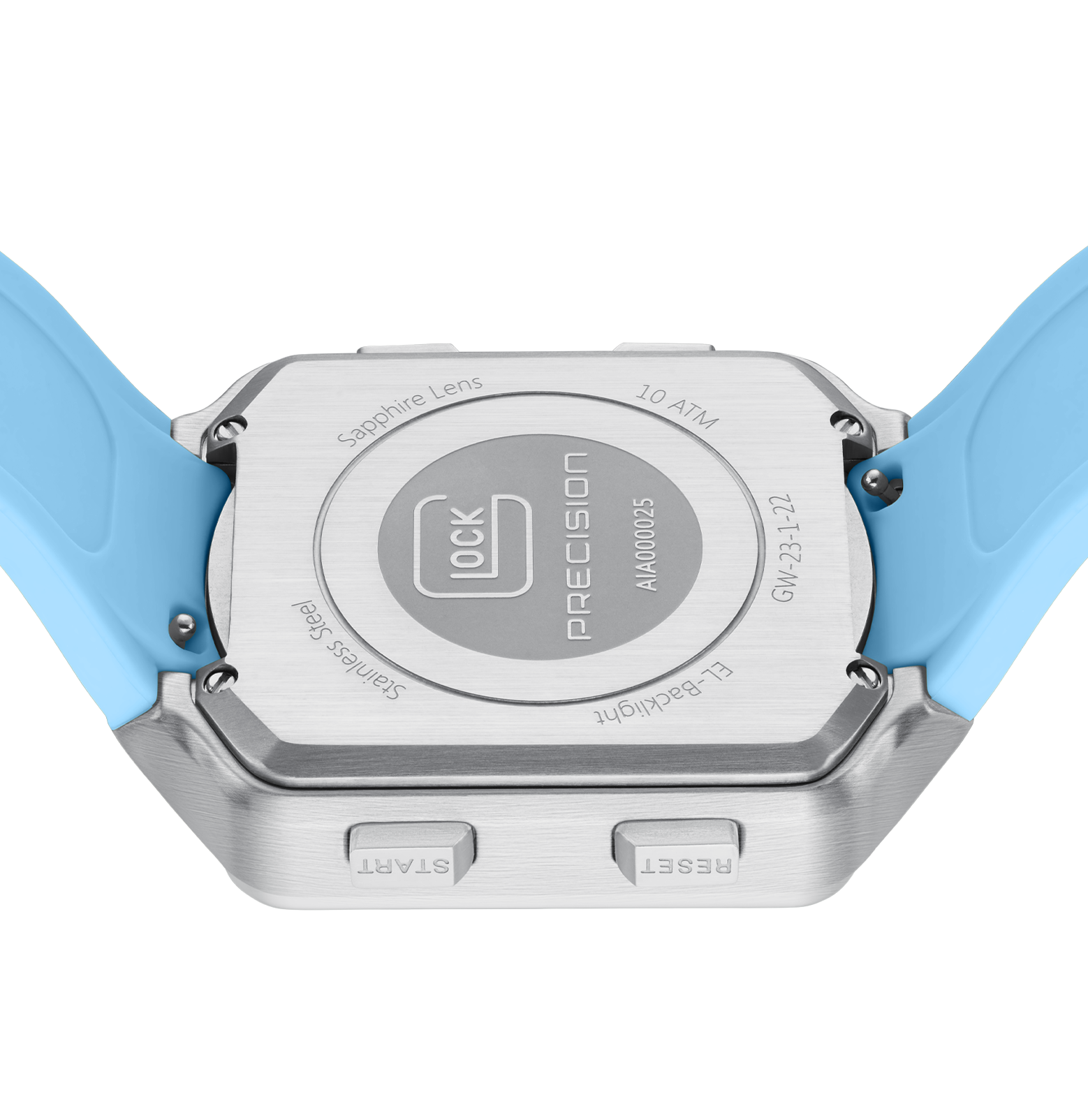 GLOCK Watch GW-23-3-22 Light Blue Silicone Strap with GLOCK Lettering Case Back View