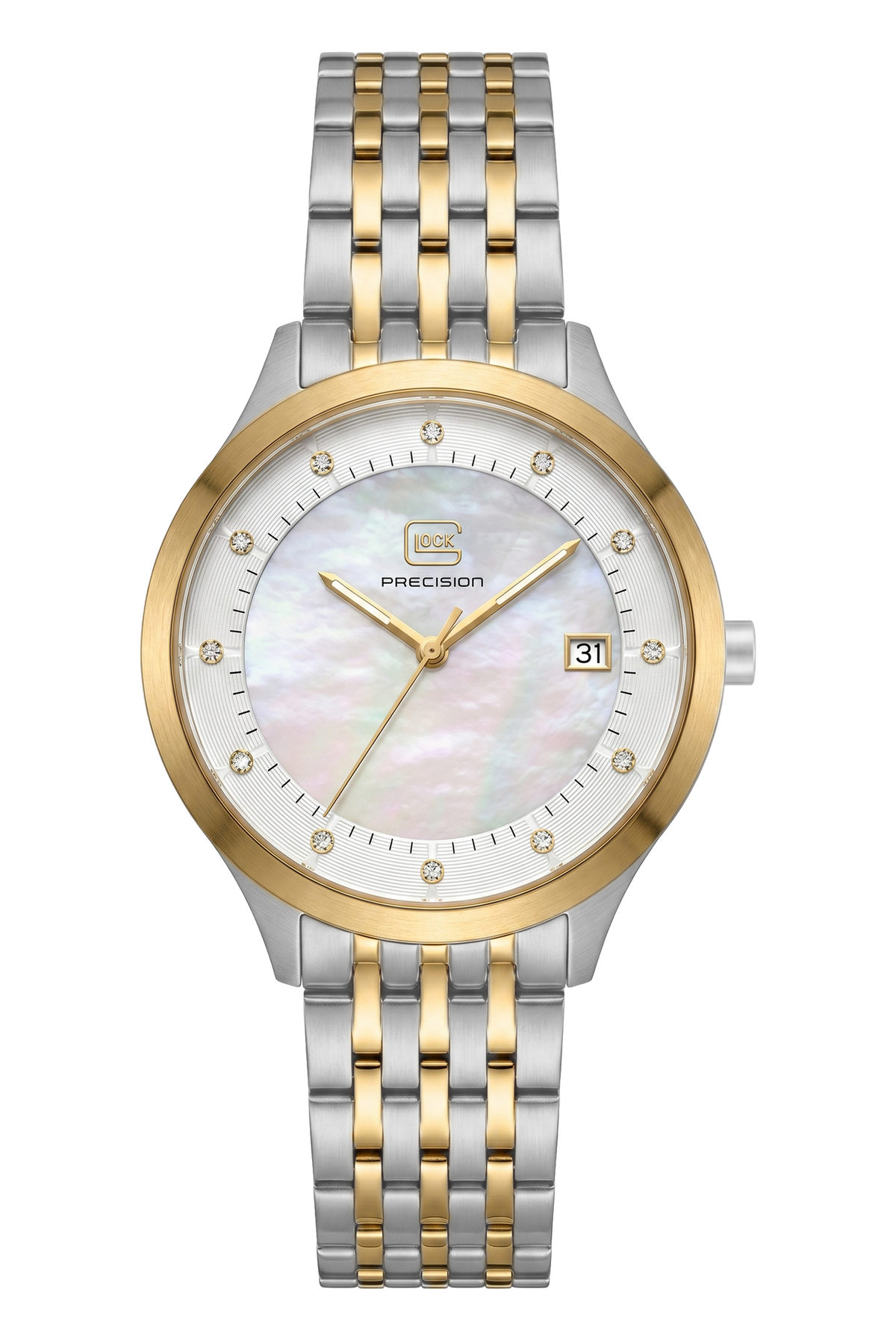 Front view of GLOCK GW-30-2-18 with a mother-of-pearl dial, gold-tone bezel and bicolor link bracelet.