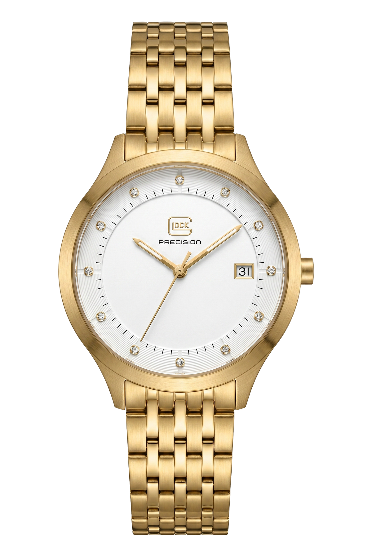 Front view of GLOCK GW-30-3-18 with a white dial, gold-tone case and gold-tone link bracelet.