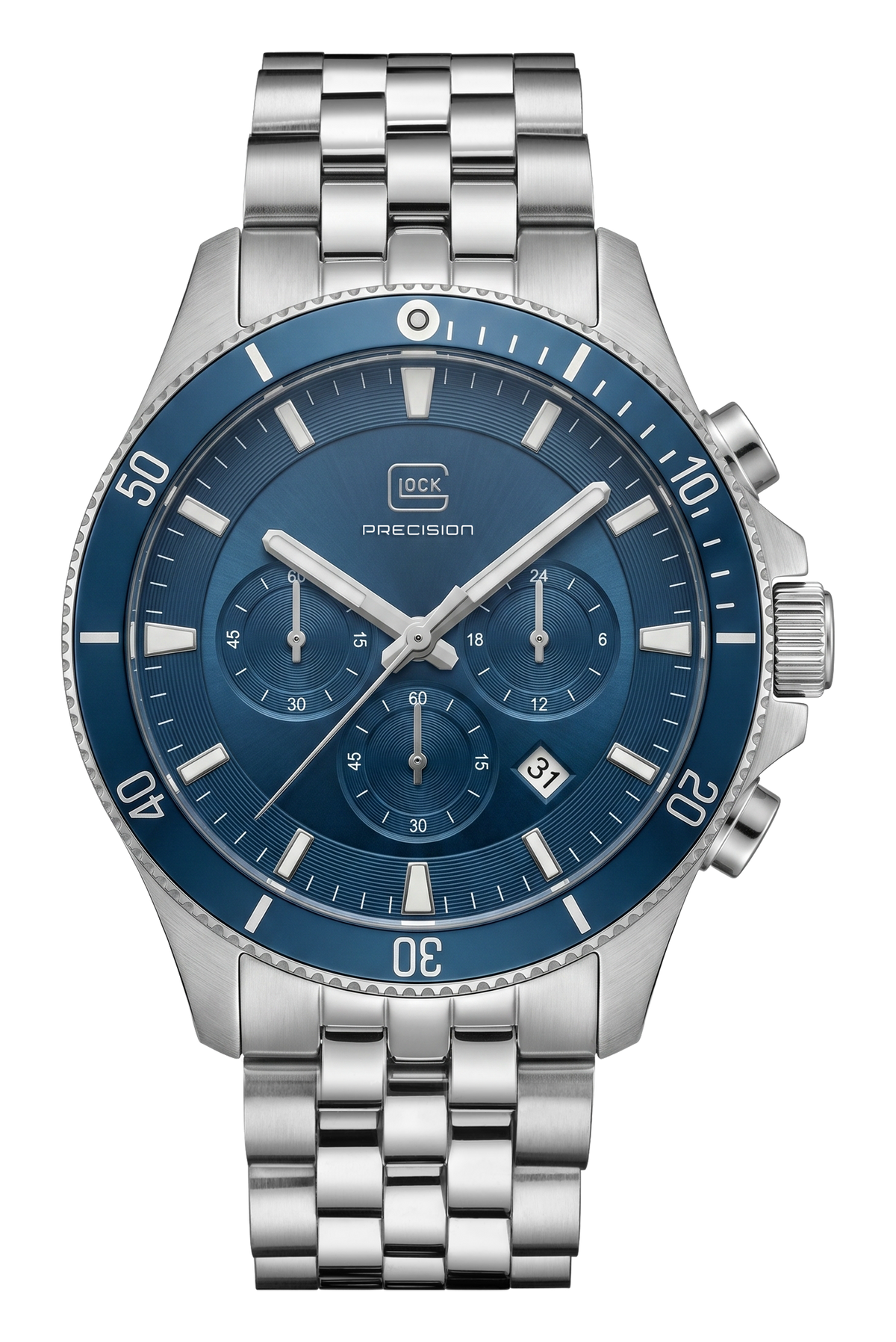 Front view of GLOCK GW-36-1-22 with a blue chronograph dial, blue bezel, silver-tone case and link bracelet.