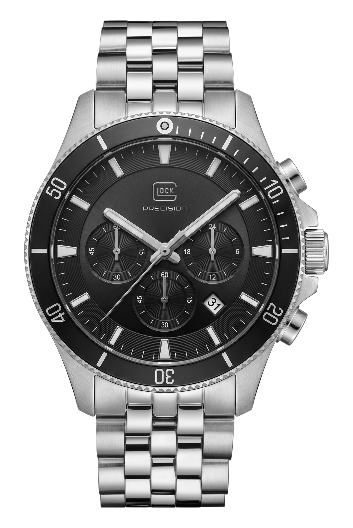 Front view of GLOCK GW-36-2-22 with a black chronograph dial, black bezel, silver-tone case and link bracelet.