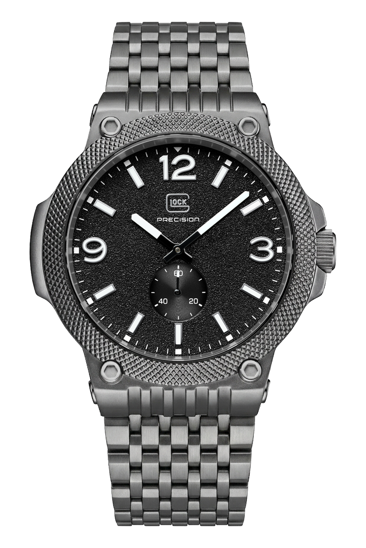 Front view of GLOCK GW-43-10-24 with a black dial, grey textured case and grey link bracelet.