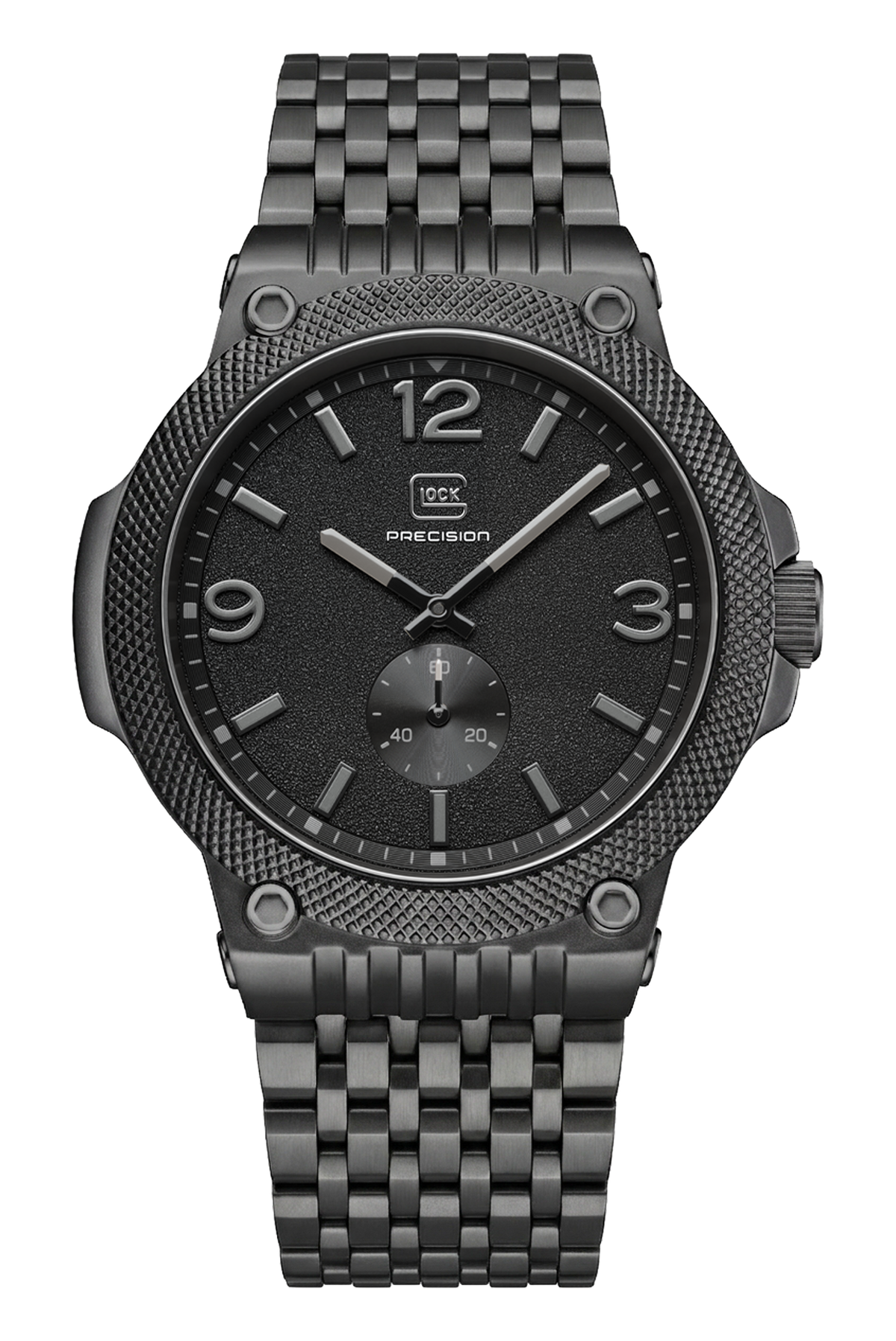 Front view of GLOCK GW-43-11-24 with a black dial, black textured case and black link bracelet.