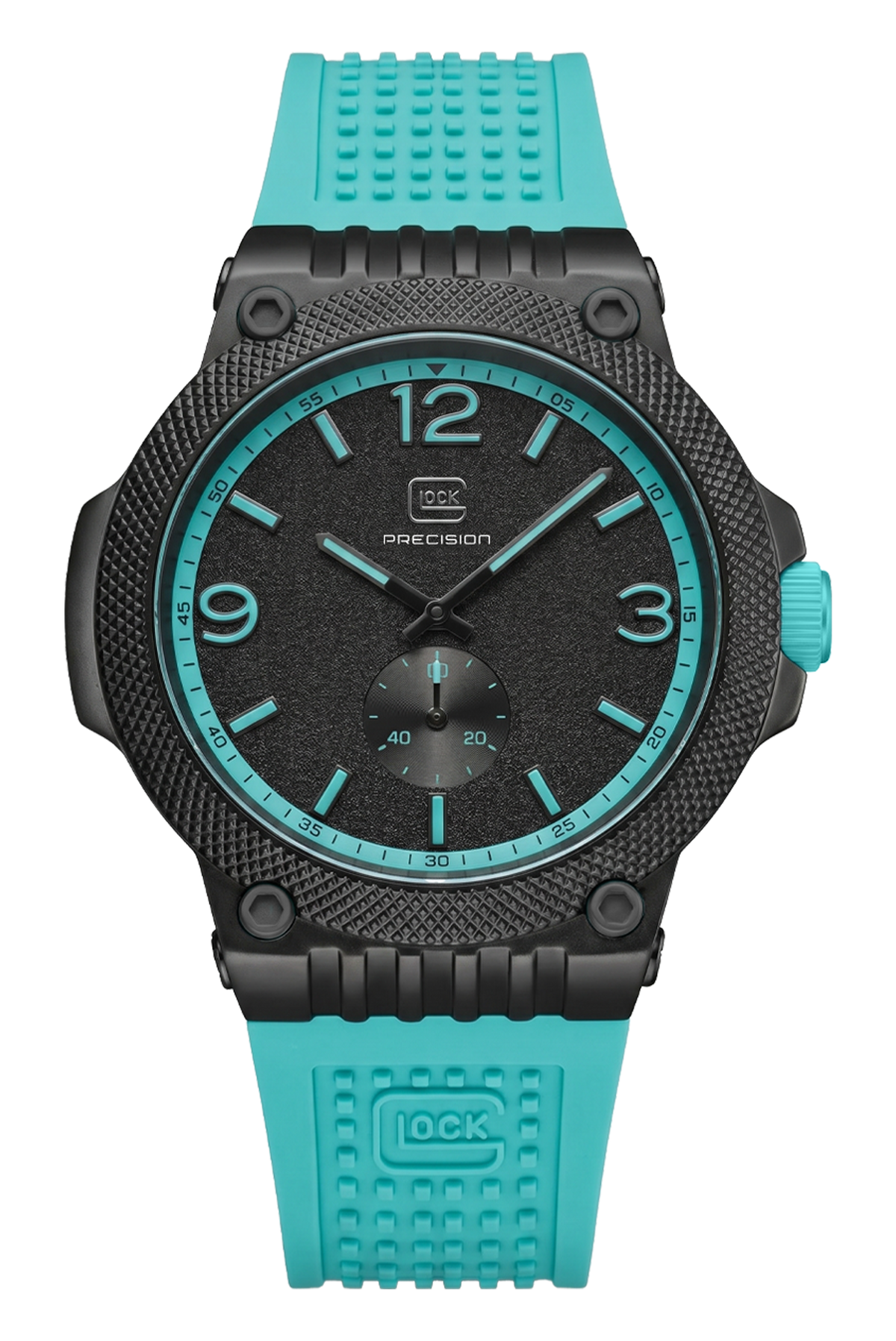 Front view of GLOCK GW-43-15-24 with a black dial with turquoise accents, black textured case and turquoise textured strap.