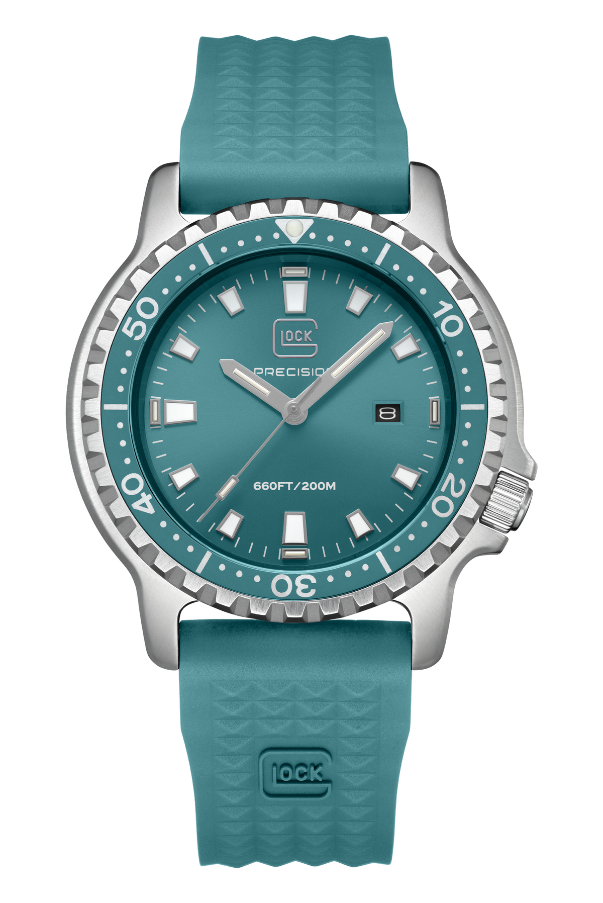 Front view of GLOCK GW-44-6-22 with a turquoise dial, turquoise diver bezel, silver-tone case and turquoise textured strap.