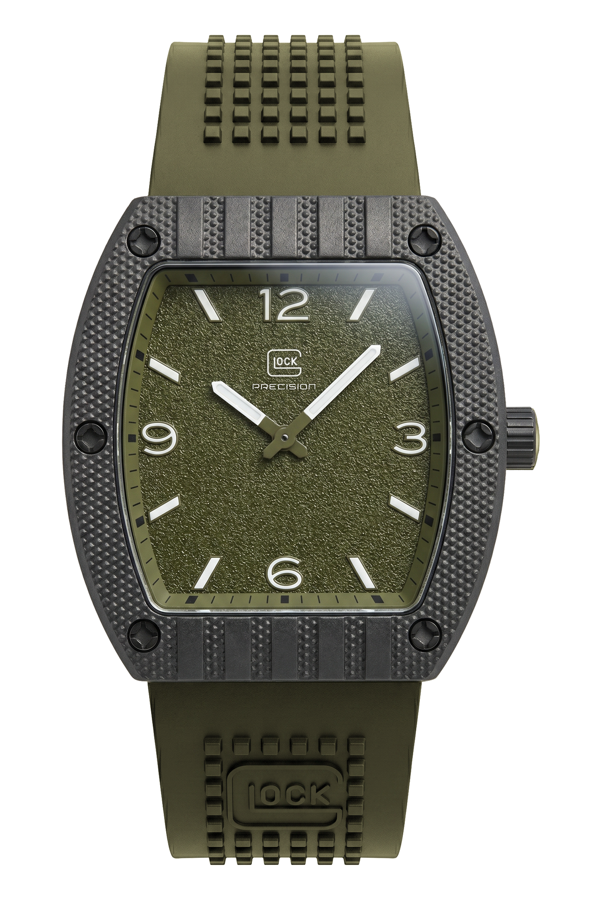 Front view of GLOCK GW-46-1-24 with a green grained dial, grey tonneau case and army green textured strap.