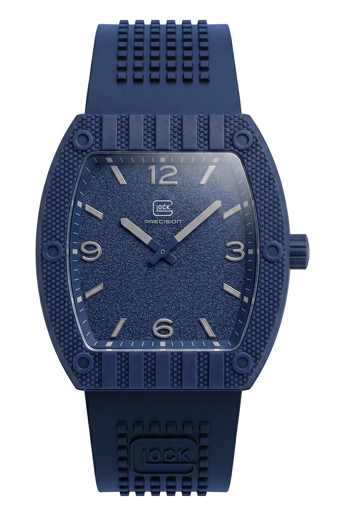 Front view of GLOCK GW-46-2-24 with a blue grained dial, blue tonneau case and blue textured strap.