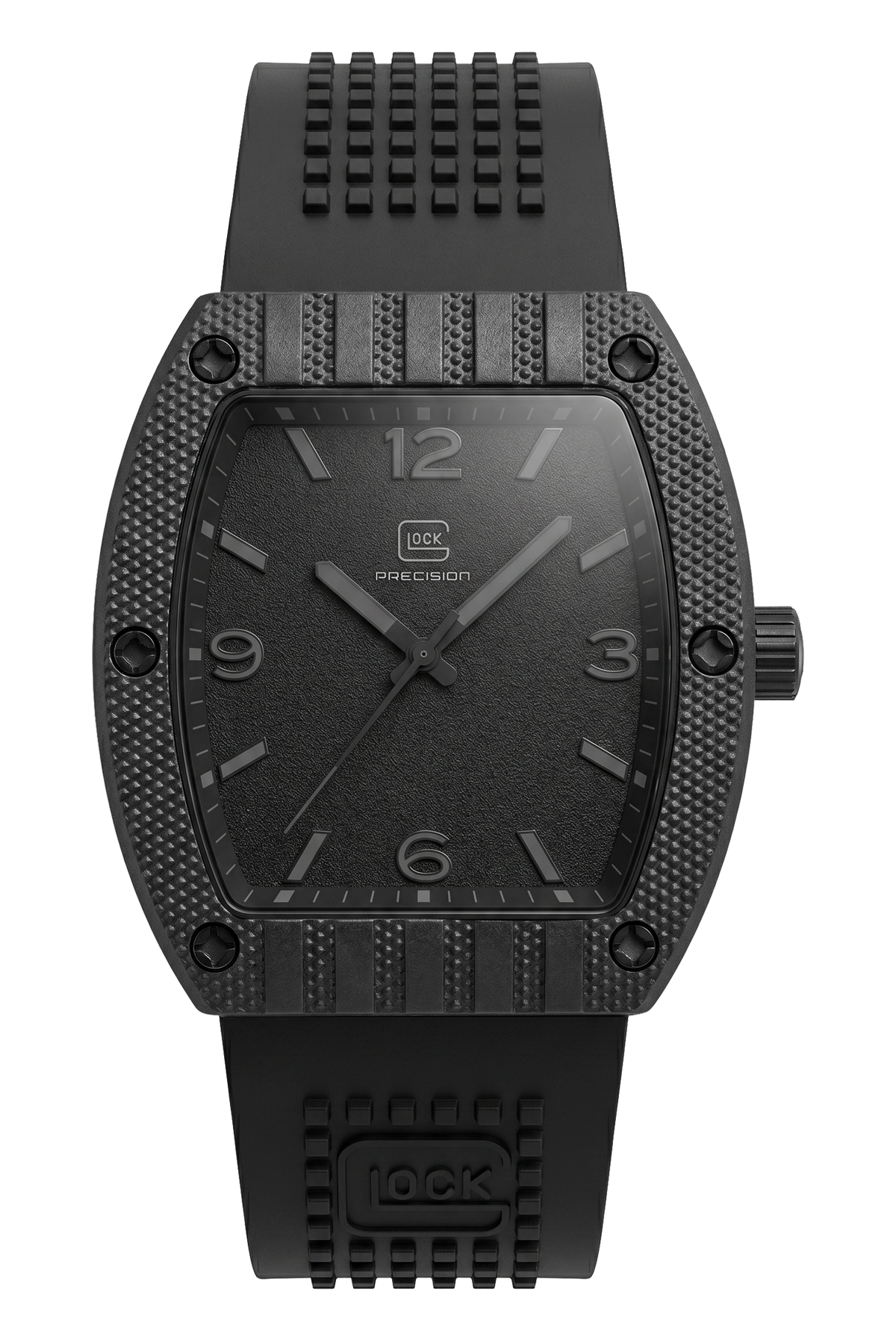 Front view of GLOCK GW-46-4-24 with a black grained dial, black tonneau case and black textured strap.